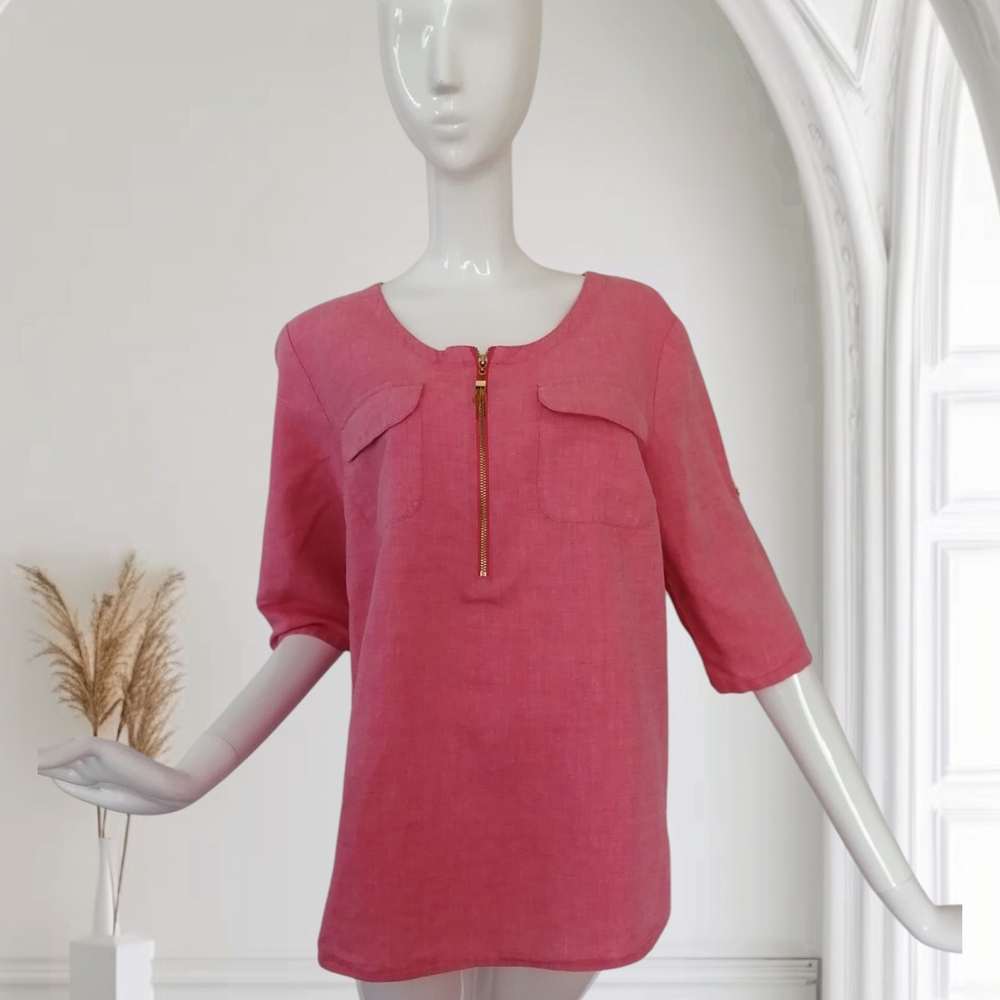 Ellen Tracy Pink Relaxed Blouse with Bib Collar and 3/4 Sleeves